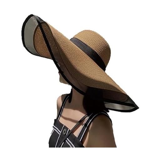 WUODHTW cappello panama da donna a tesa larga in paglia cappello da spiaggia cappello estivo a tesa larga in paglia arrotolabile cappello da pescatore upf 50, +cachi, taglia unica