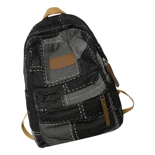 SEAYACK zaino con toppe in denim di grande capacità, casual, per studenti, scuola, stile retrò, b, nero
