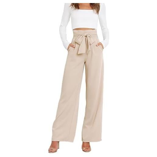 MASUCOR pantaloni da donna per il tempo libero pantaloni estivi con cintura fiocco e tasche pantaloni casual semplici e comodi in tessuto di cotone e lino pantaloni semplici e leggeri larghi ( color: beige , 