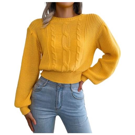 BUIWOT maglione da donna a trecce, girocollo, maniche a palloncino, marrone cammello, giallo, m