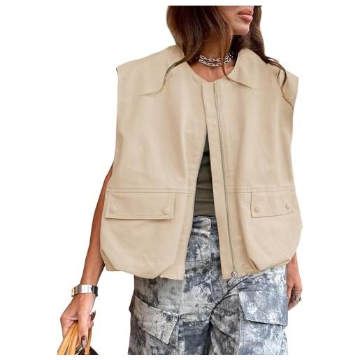 JAWINT gilet cargo da donna, casual, con cerniera, oversize, girocollo, orlo increspato, senza maniche, blazer, beige, small
