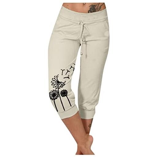 EMATOP pantaloni estivi da donna 3/4 capris, pantaloni da jogging per il tempo libero, leggeri, in vita elasticizzata, con tasche, pantaloni da corsa, motivo dente di leone, pantaloni per il tempo