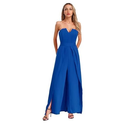 Freebily tuta intera donna elegante da cerimonia monopezzi tutine pantaloni a gamba larga jumpsuit con tasche romper pagliaccetti overall per cocktail sera damigella playsuit blu xxl