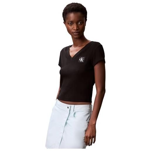 Calvin Klein donna t-shirt maniche corte woven label rib tee con scollo a v, nero (black), l