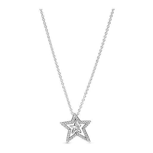 PANDORA collier con pavé asimmetrico e stella rotante in argento sterling con zirconia cubica trasparente, 45