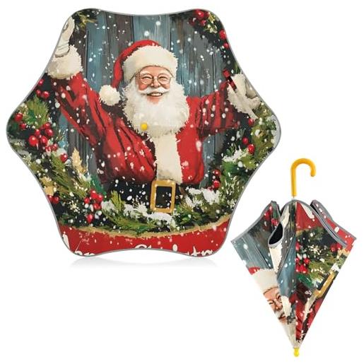 Mnsruu ombrello in legno con babbo natale, protezione uv, antivento, con manico curvo, per ragazze e ragazzi, babbo natale, tavola di legno, taglia unica