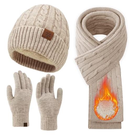 MA COWCF set invernale da donna, con cappello, sciarpa, guanti, guanti touch screen, sciarpa lunga, cappello con teschio, foderato in pile, regalo invernale, cachi, taglia unica