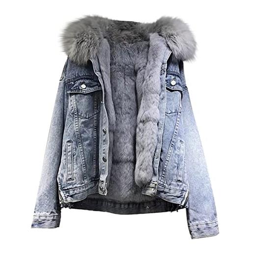 XUETON giacche di jeans con cappuccio da donna calde invernali addensare pile foderato pelliccia sintetica plus size parka jeans giacche cappotto taglia s-2xl, blu, xxl