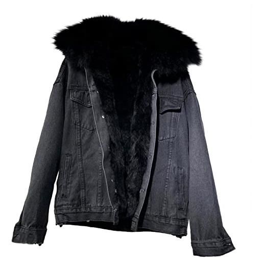 XUETON giacche di jeans con cappuccio da donna calde invernali addensare pile foderato pelliccia sintetica plus size parka jeans giacche cappotto taglia s-2xl, blu, m