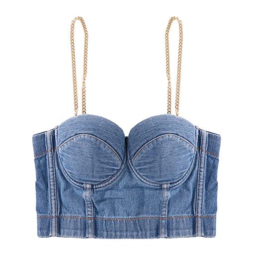 PEWRESLORS canotta da donna in denim, corsetto bustier blu jeans, crop top streetwear canotta push-up gilet (spalline metalliche oro - m), blu, m