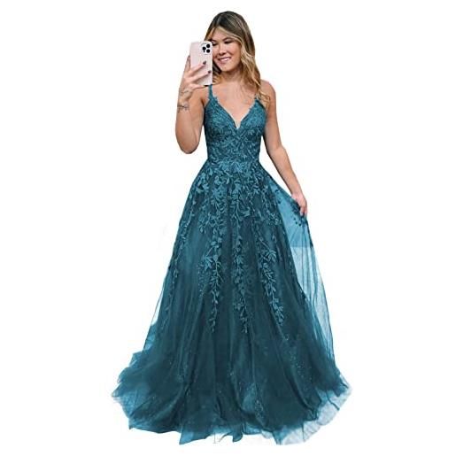 Beyonddress donna scollo a v tulle abiti da sera lunghi a linea appliques pizzo abito da sfera formale per, foglia di tè, 56