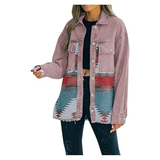 Generic giacca mezza stagione donna - cappotto da donna in denim azteco con risvolto effetto vissuto, maniche lunghe, bottoni giacca in pelle giacca primaverile donna elegante giubbino jeans donna