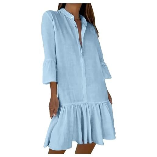 Generic abito corto casual da donna elegante con maniche a 3/4 a campana bottoni scollo a v abiti a tunica alla moda con orlo a volant abito da vacanza spiaggia mini prendisole i miei ordini vendita