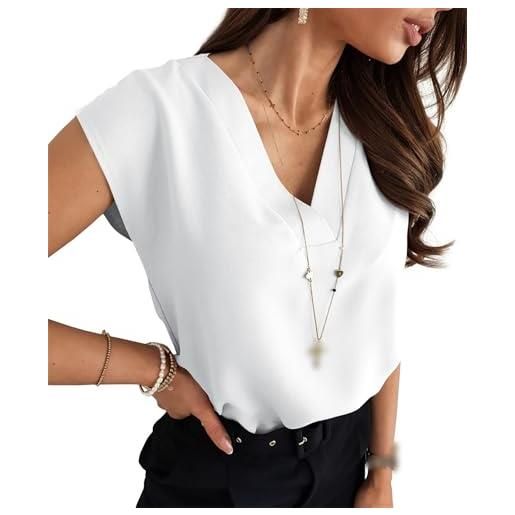 Generic camicette da donna con scollo a v, in chiffon, con maniche ad aletta, leggere, eleganti, casual, da lavoro, bianco, s