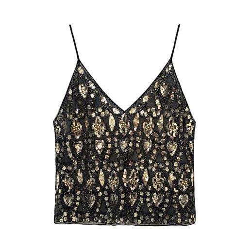 Generico women's sequin camisole top - criss cross back v neck halter | y2k glitter cami with beaded straps | festival & night out vest (black gold)