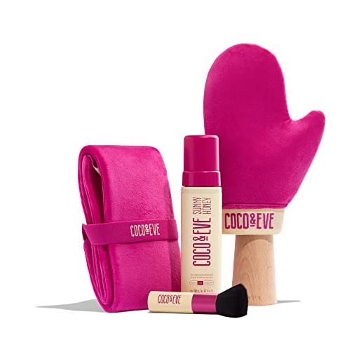 Coco & Eve set autoabbronzante Coco & Eve bali bae (scuro). Mousse abbronzante senza sole all natural. Con abbronzante, guanto applicatore e applicatore per schiena per un'abbronzatura impeccabile. 