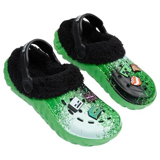 MINECRAFT inverno zoccoli bambino con fodera pile e charms - regalo ragazzo (verde/multi, 38/39 eu)