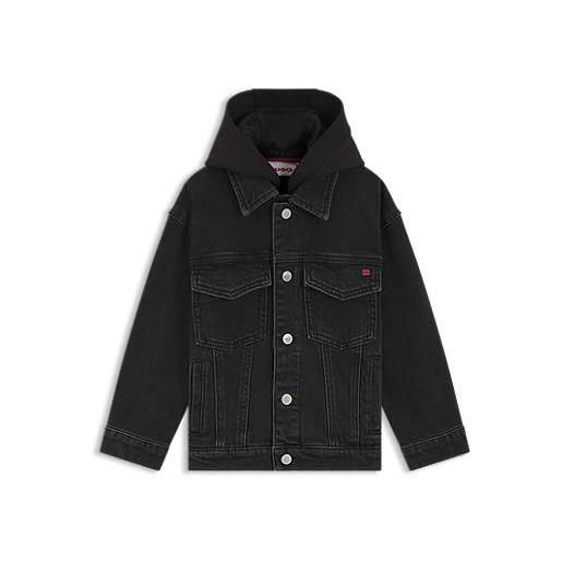 HUGO giacca per bambini in denim nero con cappuccio in pile, a disegni