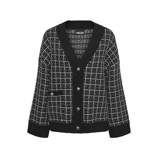 PIECES pcnilja knit shacket pa bc maglione cardigan, black/checks: bianco e argento lurex, l donna