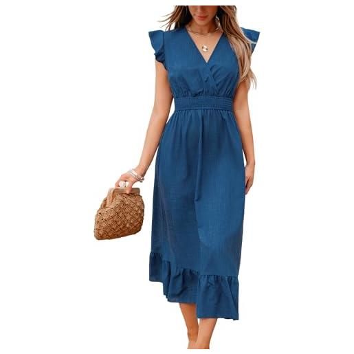 CUPSHE maxi abito estivo da donna, casual, con scollo a v, maniche corte svolazzanti, con volant, blu, xl