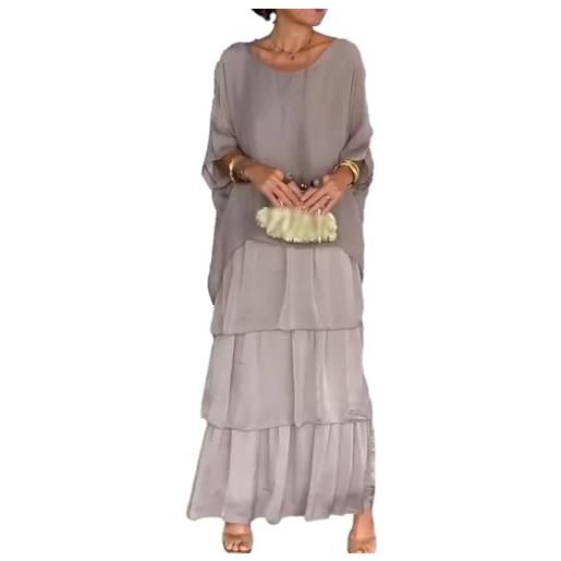 Mousegirl abito ampio in stile artistico, da donna, casual, linea ad a, maniche a 3/4, scollo rotondo, abito lungo con maniche a pipistrello, grigio, l