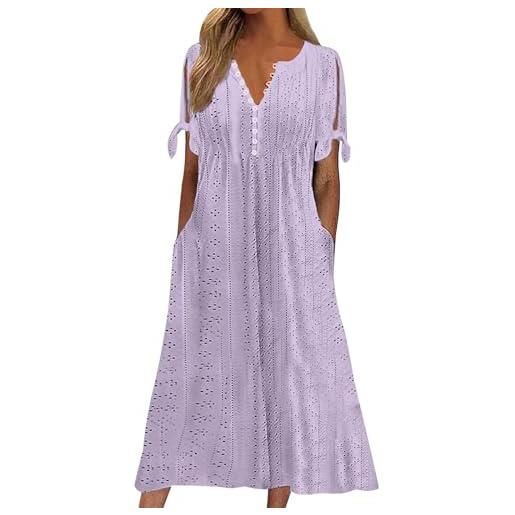 Generic abito estivo da donna, elegante e largo, con bottoni, traspirante, abito da spiaggia, da donna, a maniche corte, abito a tunica leggero con tasche, lilla, xl