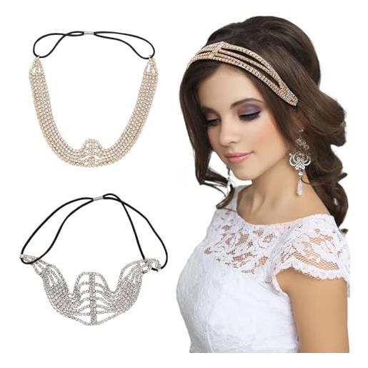 NICENEEDED fascia elastica multistrato da 2 pezzo con strass, copricapo estensibile in oro argento, accessori per fasce per capelli con gioielli elastici in cristallo bling