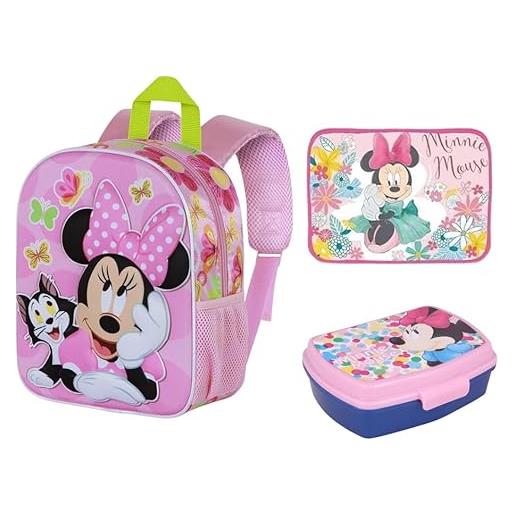GREEN TRADE set asilo scuola 3 pezzi minnie disney - zainetto 3d con spallacci imbottiti, tovaglietta impermeabile ripiegabile 40x30 cm, portapranzo senza bpa riutilizzabile e lavabile