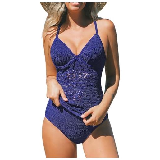 CUPSHE tankini da donna set due pezzi costumi da bagno scollo a v cinghie regolabili ferretto posteriore gancio cutout, blu navy profondo, s