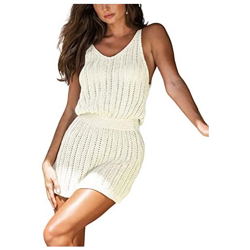CUPSHE donne cover-up mini abito crochet casual estate spalline spiaggia senza maniche brevi copri ups, crema, s