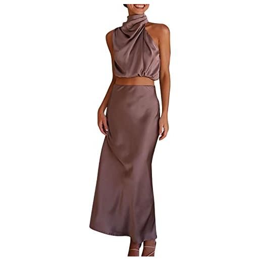 Jipersuo abito lungo da donna, estivo, formale, in raso, con collo alto, senza maniche, con spacco laterale, maxi canotta a due pezzi con top e gonna, viola, s