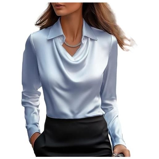 SHINROAD camicia casual da donna, vestibilità larga, colletto in raso, camicetta a pelo lungo con leggera, per abbigliamento quotidiano, stile a pendolo versatile, tessuto morbido unico, cachi, m
