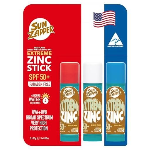 Sun Zapper extreme zinc stick - confezione da 3 bastoncini di protezione solare in zinco colorati, spf50+, colore rosso, bianco, blu, prodotti in australia