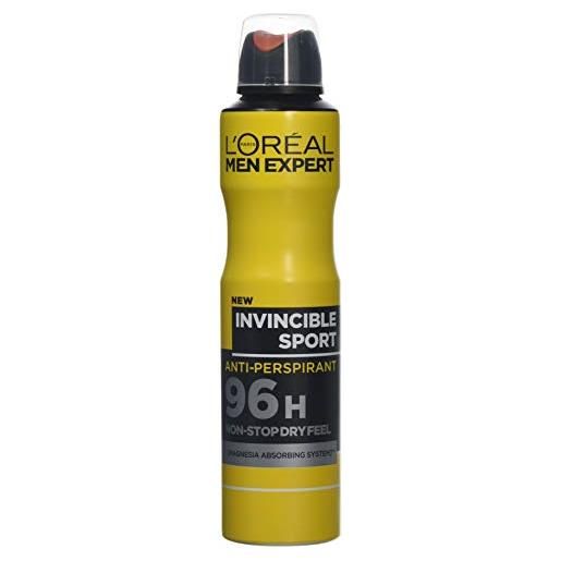 L'Oréal Paris men expert l'oréal men expert invincible sport 96h spray anti-traspirante, combatte il sudore e gli odori, con magnesia e fresco profumo legnoso, per uomini attivi, secchezza a lunga durata, 6 x 250 ml