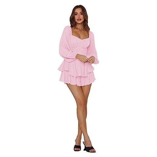 GHAKKE 2023 tute eleganti tinta unita da donna jumpsuits a maniche lunghe con scollo quadrato rompers da spiaggia con pantaloni corti (color: pink, size: xl)