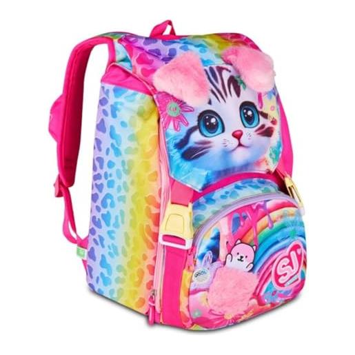 PRESTIGE & DELUXE zaino scuola sj girl cat & air gattino tigrotto estensibile by seven per elementare bambina + 7 penne a scatto e portachiave pailettes