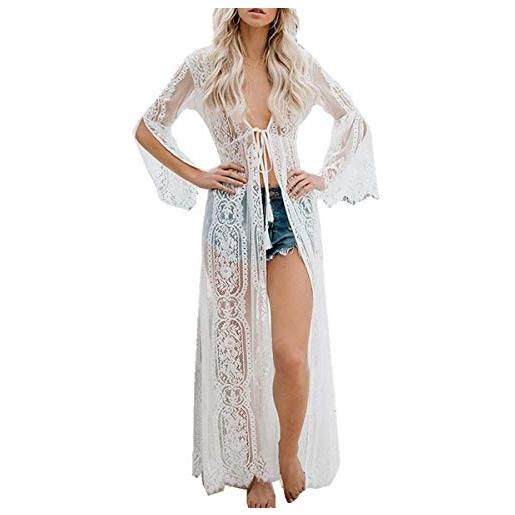 LikeJump donna pizzo floreale trasparente caftan vestito lungo da spiaggia abito maxi parei costume da bagno cover up
