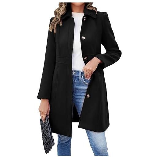 Generic cappotto invernale lungo monopetto da donna con tasche trench lungo risvolto a tacca cappotto caldo misto lana, nero, large