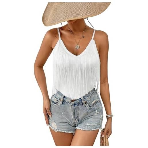Ella Lust canotta da donna con frange, top con orlo a nappa, senza maniche, scollo a v, per concerti, boho, canottiera intima, nero, m