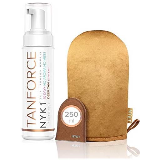 NYK1 tan. Force autoabbronzante viso e corpo con guanto NYK1 mega. Mitt in mousse, invisibile e inodore. Dona un'abbronzatura dorata e sexy, senza macchiare e senza ungere che si intensifica in poche ore