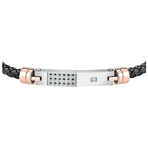 Morellato bracciale uomo in acciaio, pelle naturale nera, pietra bianca, collezione moody - sqh56