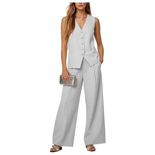 Botong completo da donna in 2 pezzi senza maniche blazer gilet gamba larga pantaloni tuta casual set coordinato, bianco, l