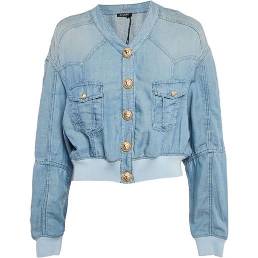 Balmain Pre-Owned - bomber crop - donna - lino/lyocell - l - blu