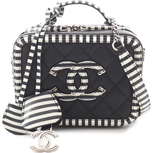 CHANEL Pre-Owned - trousse cc filigree piccola in pelle caviar con finiture a righe 2019 - donna - pelle caviar - taglia unica - nero