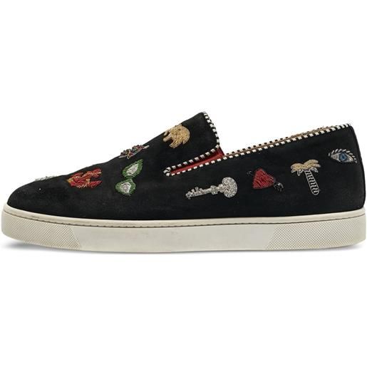 Christian Louboutin Pre-Owned - sneakers senza lacci con ricamo - uomo - pelle di vitello/gomma/pelle scamosciata di vitello - 40.5 - nero