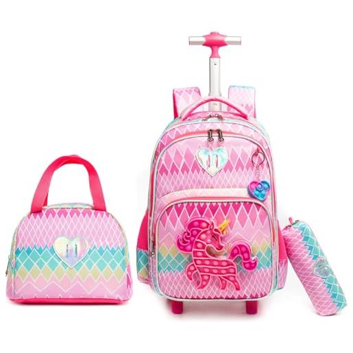 Egchescebo zaino con rotelle per ragazze carrello porta trolley scuola primaria astuccio bambina giocattolo di unicorno ragazza ruote lunch box 17" borsa da scuola a rullo ragazze bambini rosa rossa