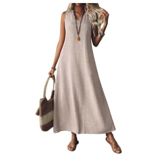 Generisch abiti in lino da donna 2025, maxi abito senza maniche con scollo a v, casual, lungo, fluente, colore: arancione. , l