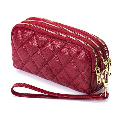 PORRASSO pelle portamonete portatile astuccio portachiavi multifunzione clutch wristlet bag coin purse impermeabile key bag per uomo donna rosso