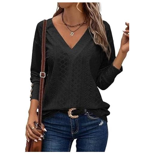 Placitiume camicette ricamate in pizzo da donna - top casual eleganti con scollo a v a maniche lunghe con bottoni per l'autunno 2024, verde, s