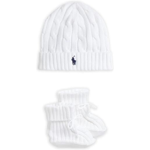 POLO RALPH LAUREN KIDS set berretto e stivali in maglia a trecce - bianco